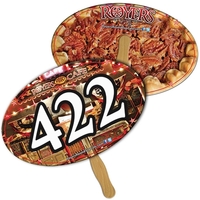 Digital printed oval/football shape auction fan with visible wooden stick.......