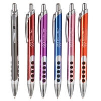 Click action ballpoint pen with several curved chrome accents, dotted...