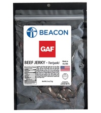 Beef jerky in zip packs with custom printed and branded label.