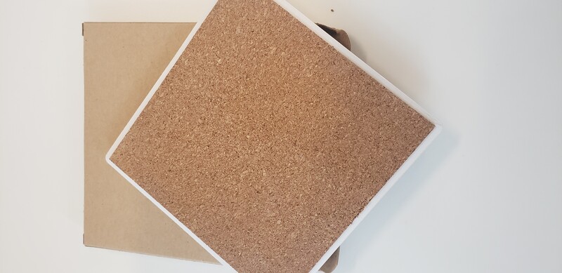 Square shaped absorbent stone coaster with cork backing, natural cream color... from ASI 62190 Illini