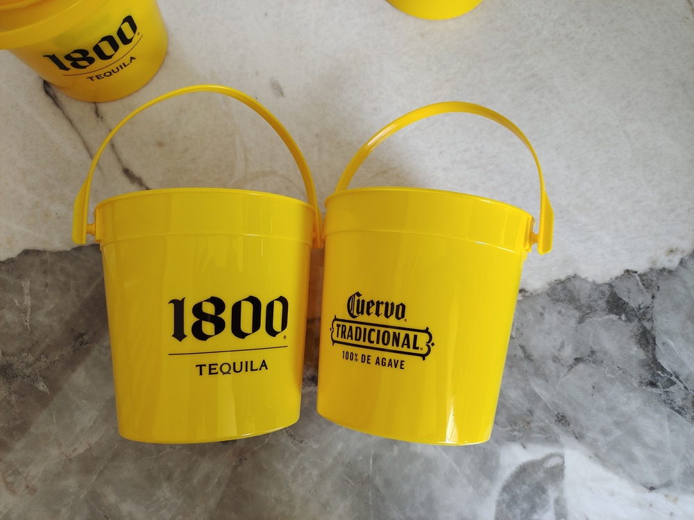 Plastic 32 ounce capacity drink bucket with folding handle.... from ASI 91880 Tranter Graphics Inc