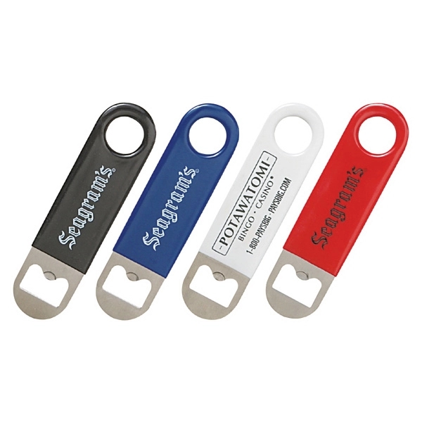 Paddle style bottle opener made of stainless steel wrapped in colored... from ASI 57655 STOPNGO Line