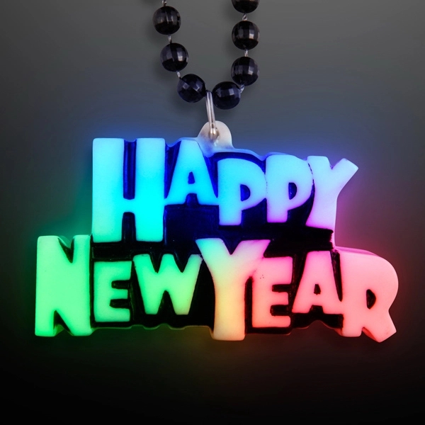 Happy New Year LED Charm Necklace on a 36" black beaded... from ASI 34194 ALightPromos / Alight Promotional Products