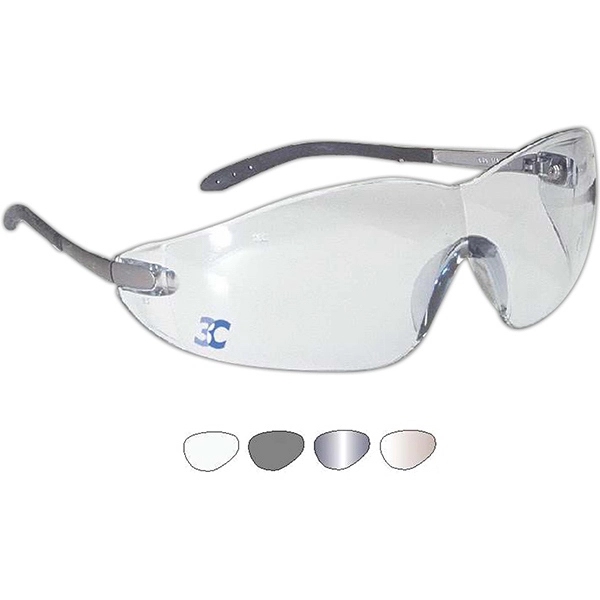Fashionable safety glasses feature a single wrap-around lens design with integral... from ASI 79898 Promovision / PROMOVISION