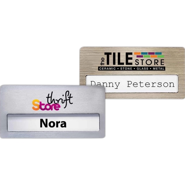 1 1/2" x 3", 2-ply plastic window badge with brushed silver... from ASI 61966 HPG / Beacon Promotions HPG Gold