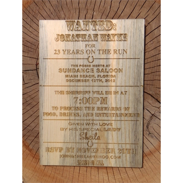 Wooden invitation cards measure 4 1/2" x 6" and are made... from ASI 92531 Unique Custom Products / UCP