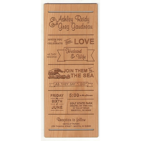 Wooden invitation cards measure 4 1/2" x 6" and are made... from ASI 92531 Unique Custom Products / UCP