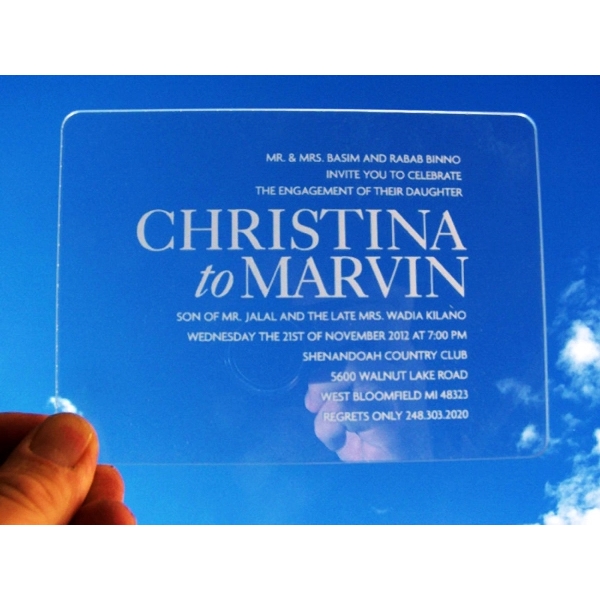 Laser-engraved, acrylic invitations measure 4" x 5" to fit standard-sized envelopes... from ASI 92531 Unique Custom Products / UCP