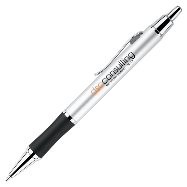 Click action aluminum ballpoint pen with rubber grip and silver accents.... from ASI 79535 Primetime / Primetime