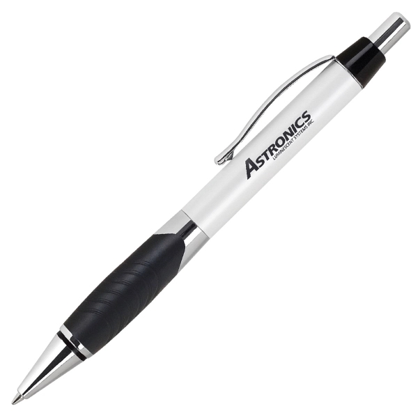 Click action aluminum ballpoint pen with red grip and silver accents.... from ASI 79535 Primetime