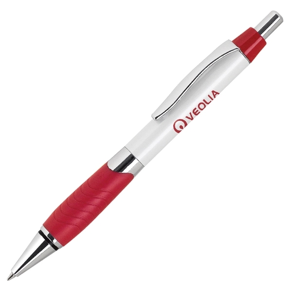 Click action aluminum ballpoint pen with red grip and silver accents.... from ASI 79535 Primetime