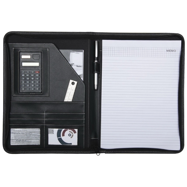 Black leatherette padfolio with white stitching, zipper closure and solar calculator... from ASI 42920 Busrel Inc