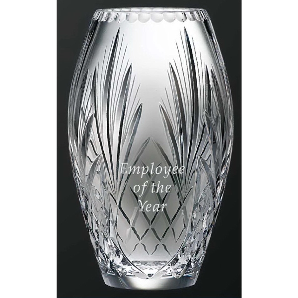 Hand cut 24% lead crystal curved vase with wheat design award.... from ASI 65153 Kirk & Matz LTD / Swatkins