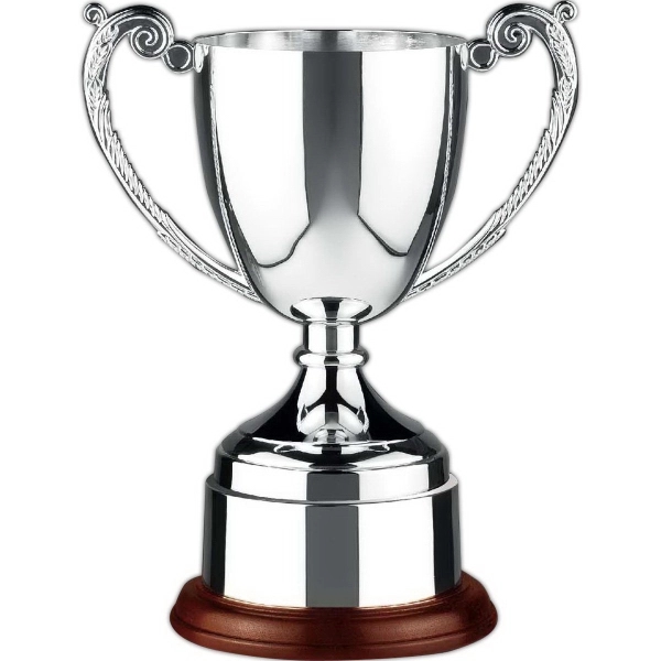 Nickel plated trophy cup mounted on wooden base.... from ASI 65153 Kirk & Matz LTD / Swatkins