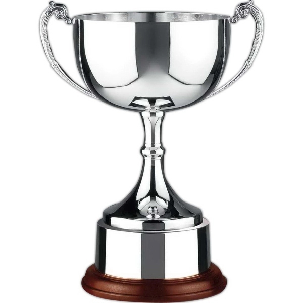Nickel plated trophy award cup on wooden base with covered plinth... from ASI 65153 Kirk & Matz LTD / Swatkins