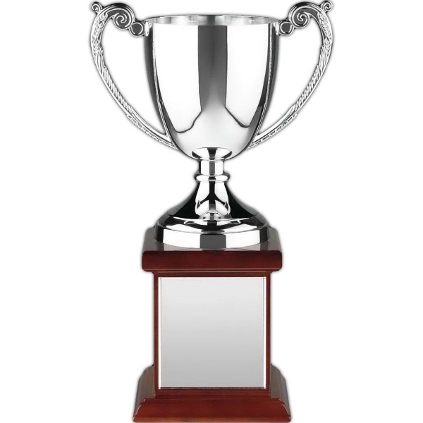 Nickel plated trophy award cup mounted on solid walnut base with... from ASI 65153 Kirk & Matz LTD / Swatkins