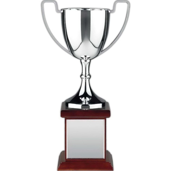 Nickel plated trophy award cup mounted on solid walnut base with... from ASI 65153 Kirk & Matz LTD / Swatkins