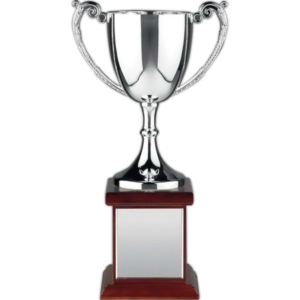Nickel plated trophy award cup mounted on solid walnut base with... from ASI 65153 Kirk & Matz LTD / Swatkins