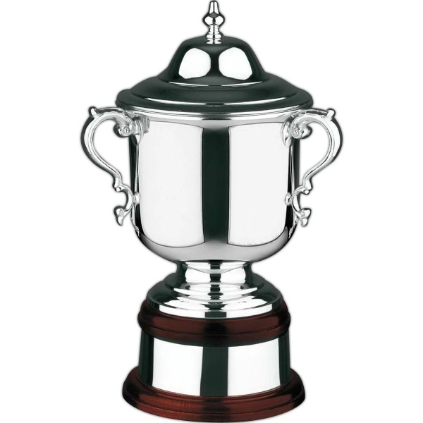 Plain supreme loving cup award with curved handles, lid, mahogany plinth... from ASI 65153 Kirk & Matz LTD / Swatkins