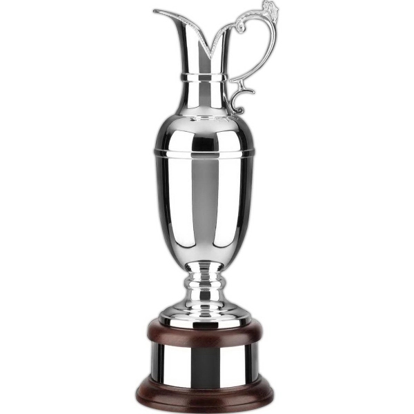 Supreme silver plated plain claret golf trophy on base with mahogany... from ASI 65153 Kirk & Matz LTD / Swatkins