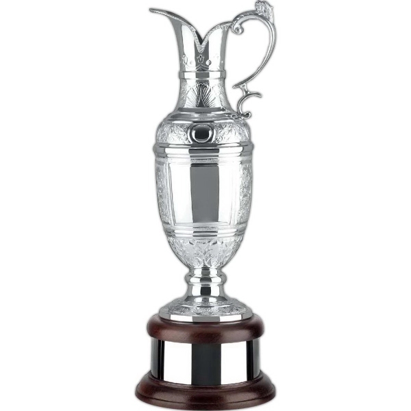 Supreme silver plated hand chased claret golf trophy with traditional golfer... from ASI 65153 Kirk & Matz LTD / Swatkins