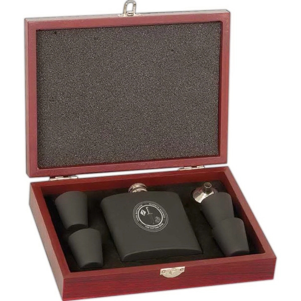 Matte black flask set with wood box, 6 oz.... from ASI 65153 Kirk & Matz LTD / Swatkins