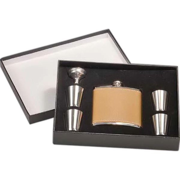 Leather light brown flask set with box, 6 oz.... from ASI 65153 Kirk & Matz LTD / Swatkins