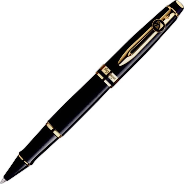 Black lacquered roller ball pen with beveled cap.... from ASI 84833 Newell Custom Writing Instruments / Newell Brands