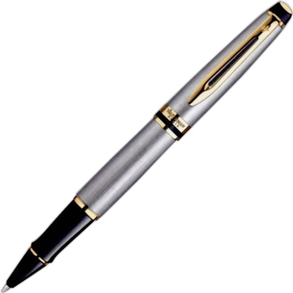 Stainless roller ball pen with 23k gold plate trim and beveled... from ASI 84833 Newell Custom Writing Instruments / Newell Brands