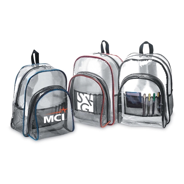 Clear PVC backpack with padded adjustable straps and colored PVC piping.... from ASI 41511 Brainchild USA Inc / BrainChild Gift Club