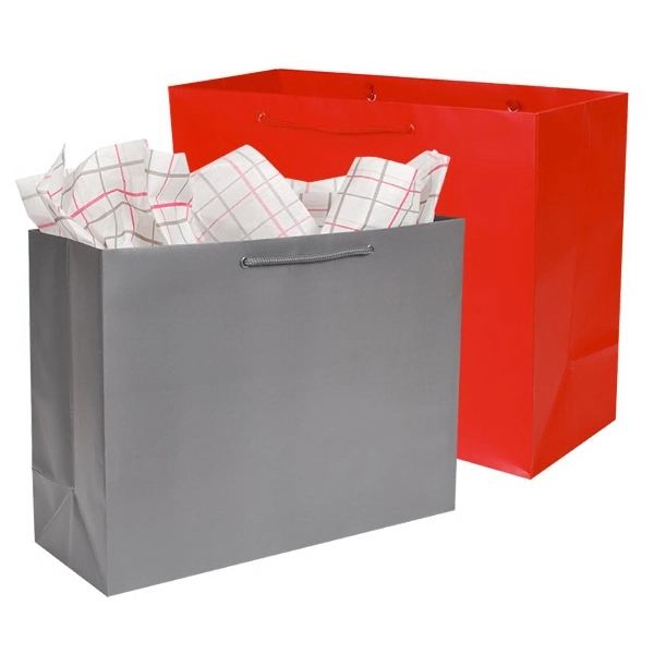 Matte Laminated color laminate bag with macrame handles. 16" x 6"... from ASI 92480 Uniflex / U F