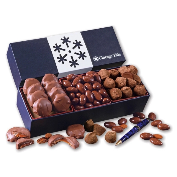 Navy gift box with a snowflake wrap filled with chocolates.... from ASI 68680 Maple Ridge Farms Inc