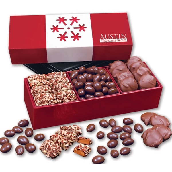 Red gift box with a snowflake wrap filled with chocolates.... from ASI 68680 Maple Ridge Farms Inc