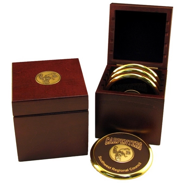 Wood Boxed 4 Metal & Leather Coaster Set w/ Medallion.... from ASI 88156 Solid Dimensions Inc / Solid Dimensions Line