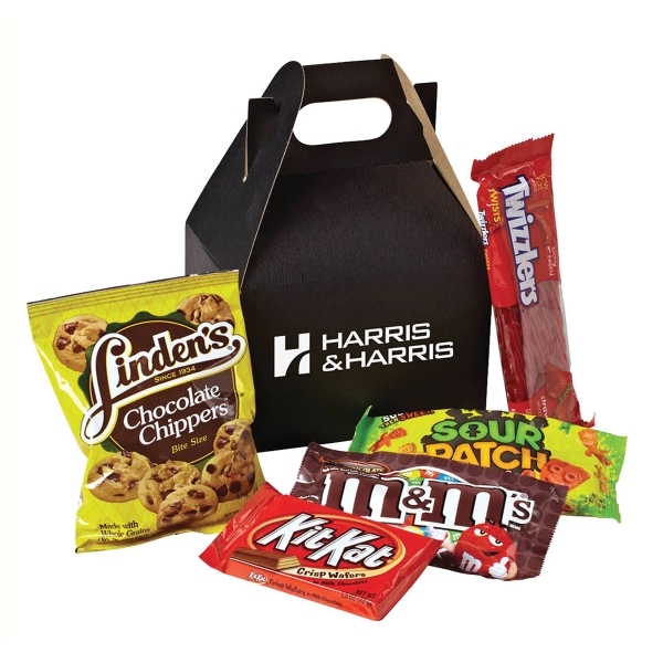 Gable box filled with various food items including candy and chocolate... from ASI 71685 Midnite Snax®