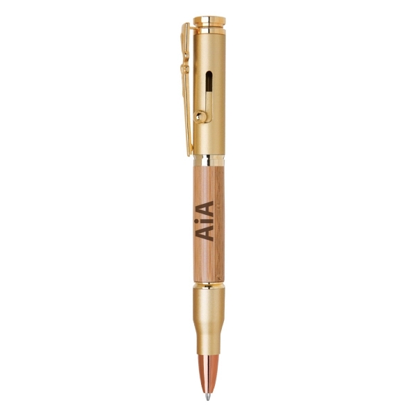Brass bullet style bolt action ballpoint pen with wood accents.... from ASI 31517 Admart Products