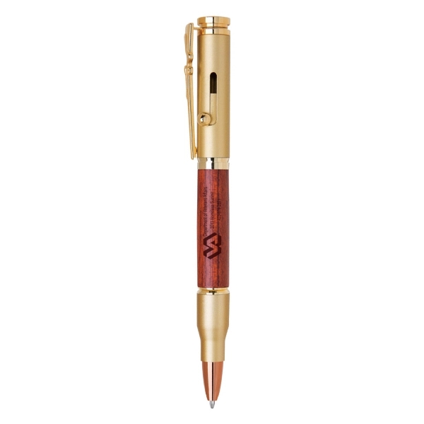 Brass bullet style bolt action ballpoint pen with wood accents.... from ASI 31517 Admart Products