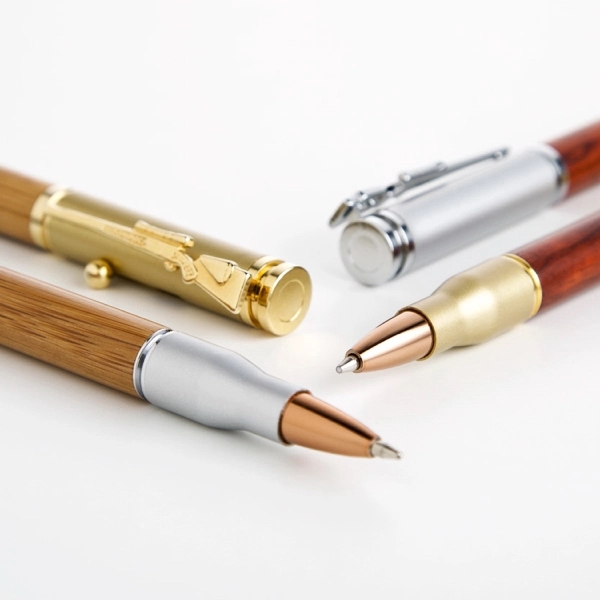 Brass bullet style bolt action ballpoint pen with wood accents.... from ASI 31517 Admart Products