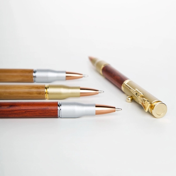 Brass bullet style bolt action ballpoint pen with wood accents.... from ASI 31517 Admart Products