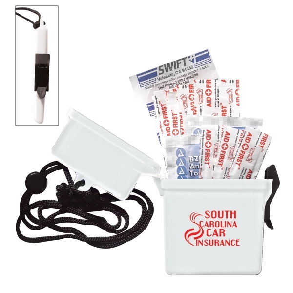 Water-resistant plastic container filled with latex-free bandages, an antiseptic towelette and... from ASI 62660 Innovation Line