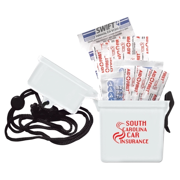 Water-resistant plastic container filled with latex-free bandages, an antiseptic towelette and... from ASI 62660 Innovation Line