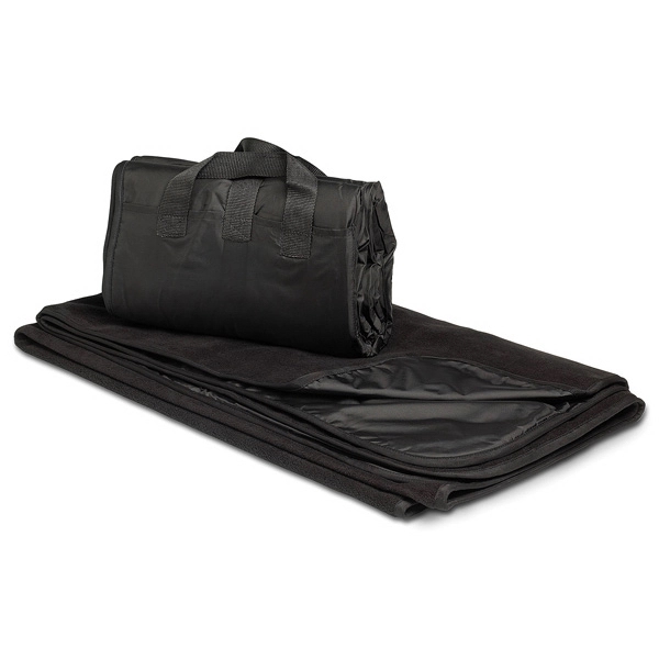 Black 50" x 60" fleece/nylon picnic blanket with easy-carry design.... from ASI 98085 Wolfmark