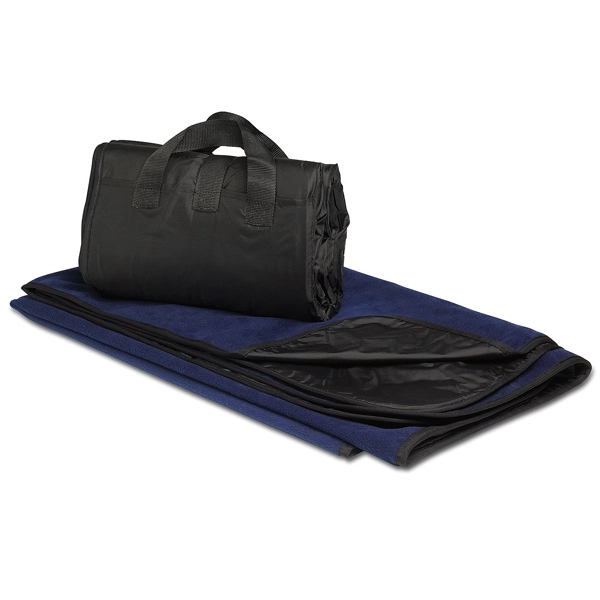 Navy blue 50" x 60" fleece/nylon picnic blanket with easy-carry design.... from ASI 98085 Wolfmark