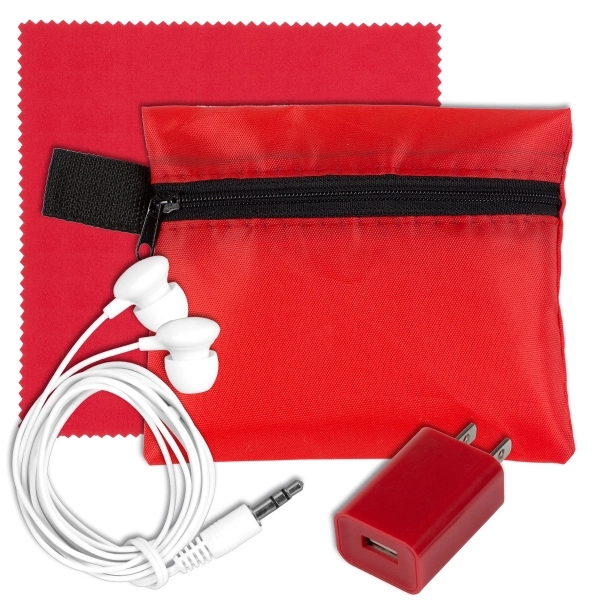 Tech travel accessory kit with earbuds, microfiber cloth, wall charger and... from ASI 62660 Innovation Line