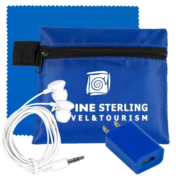 Tech travel accessory kit with earbuds, microfiber cloth, wall charger and... from ASI 62660 Innovation Line