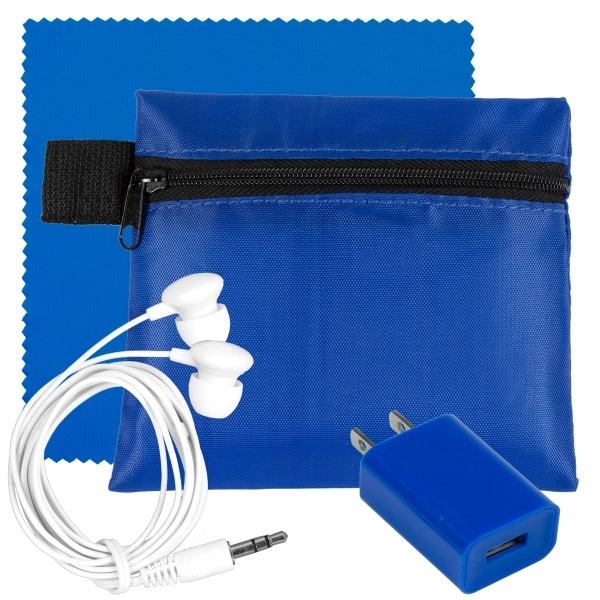 Tech travel accessory kit with earbuds, microfiber cloth, wall charger and... from ASI 62660 Innovation Line