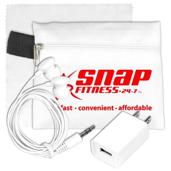 Tech travel accessory kit with earbuds, microfiber cloth, wall charger and... from ASI 62660 Innovation Line
