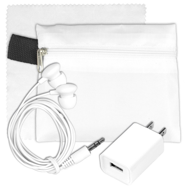 Tech travel accessory kit with earbuds, microfiber cloth, wall charger and... from ASI 62660 Innovation Line
