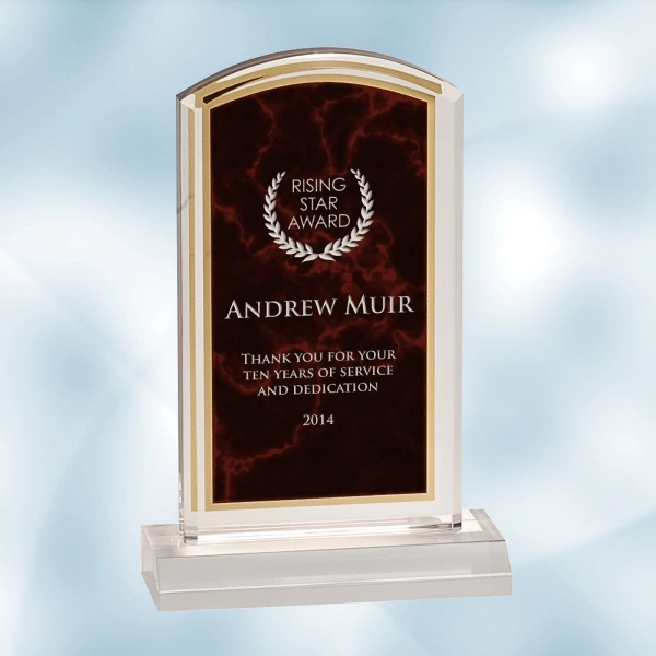 Red acrylic award plaque with high-quality marble backing, gold border and... from ASI 47791 Best Deal Awards / Best Deal Awards