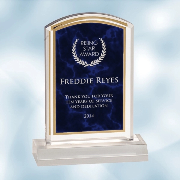 Royal Blue acrylic award plaque with high-quality marble backing, gold border... from ASI 47791 Best Deal Awards / Best Deal Awards